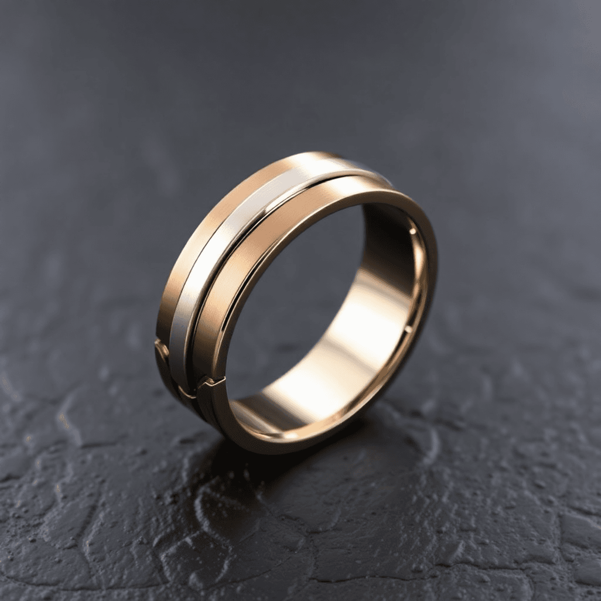 A modern men's wedding band of mixed metals with a bold design, displayed on a dark textured surface with soft lighting highlighting its details.