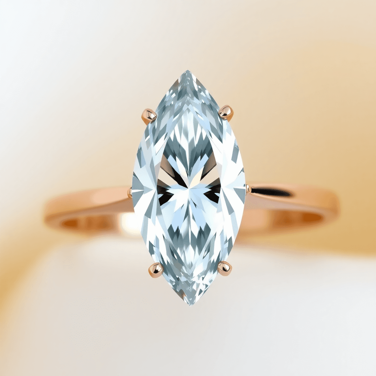 A close-up of a marquise diamond ring, highlighting its elongated shape and brilliance, set against a soft, elegant background.