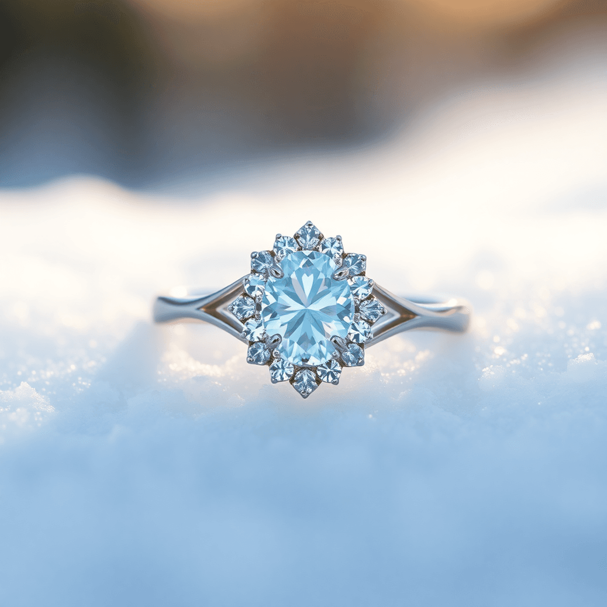 Close-up of an oval-cut diamond engagement ring with a snowflake halo setting on fresh snow, glowing softly in warm winter sunlight with icy blue background ton