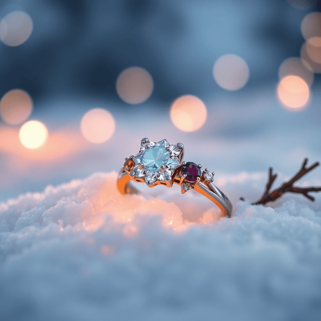 A sparkling engagement ring with diamonds and colorful gemstones resting in soft snow, warm holiday lights glowing softly in the blurred background.