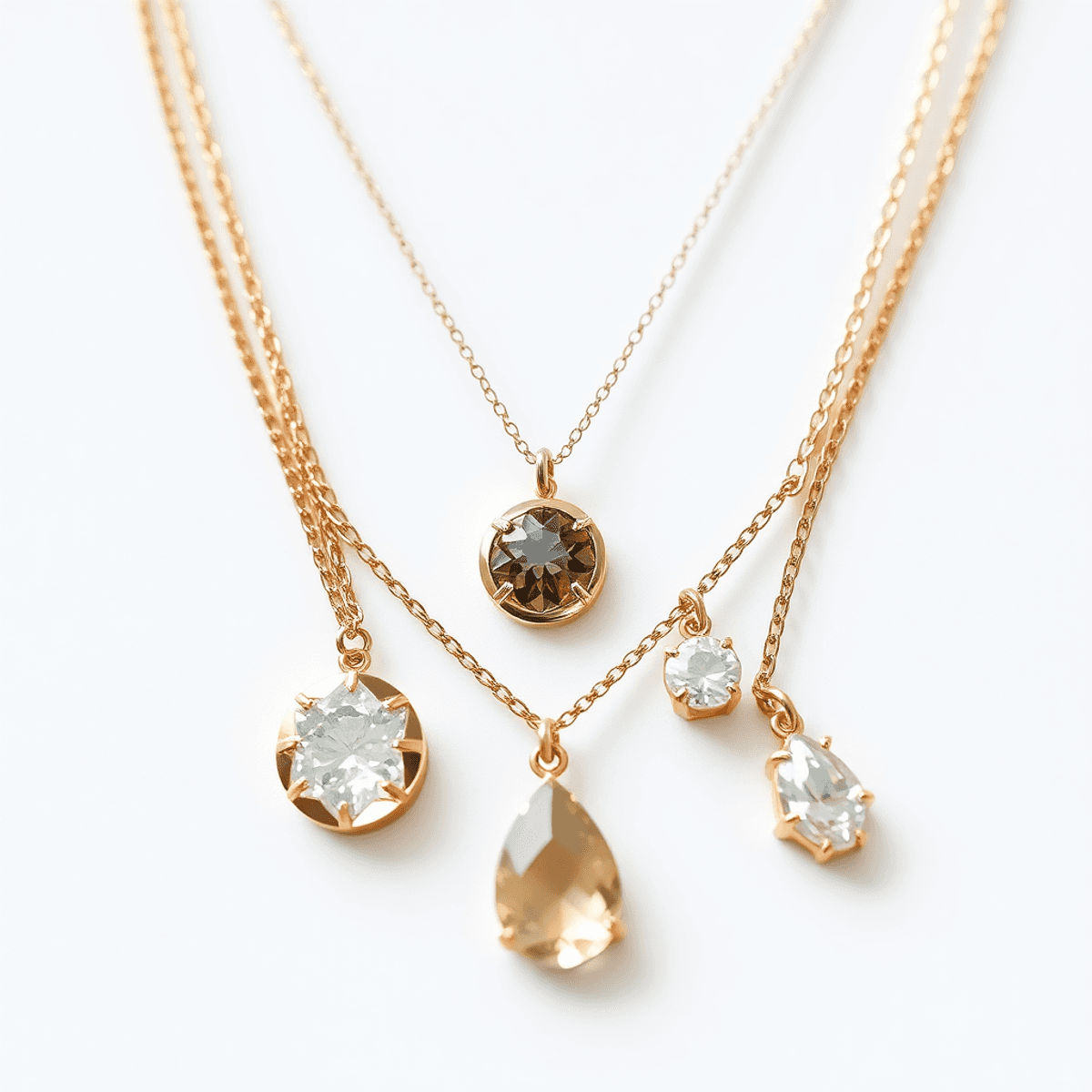 Close-up of layered gold and silver necklaces with delicate pendants on a minimalist white background, highlighting texture and craftsmanship.