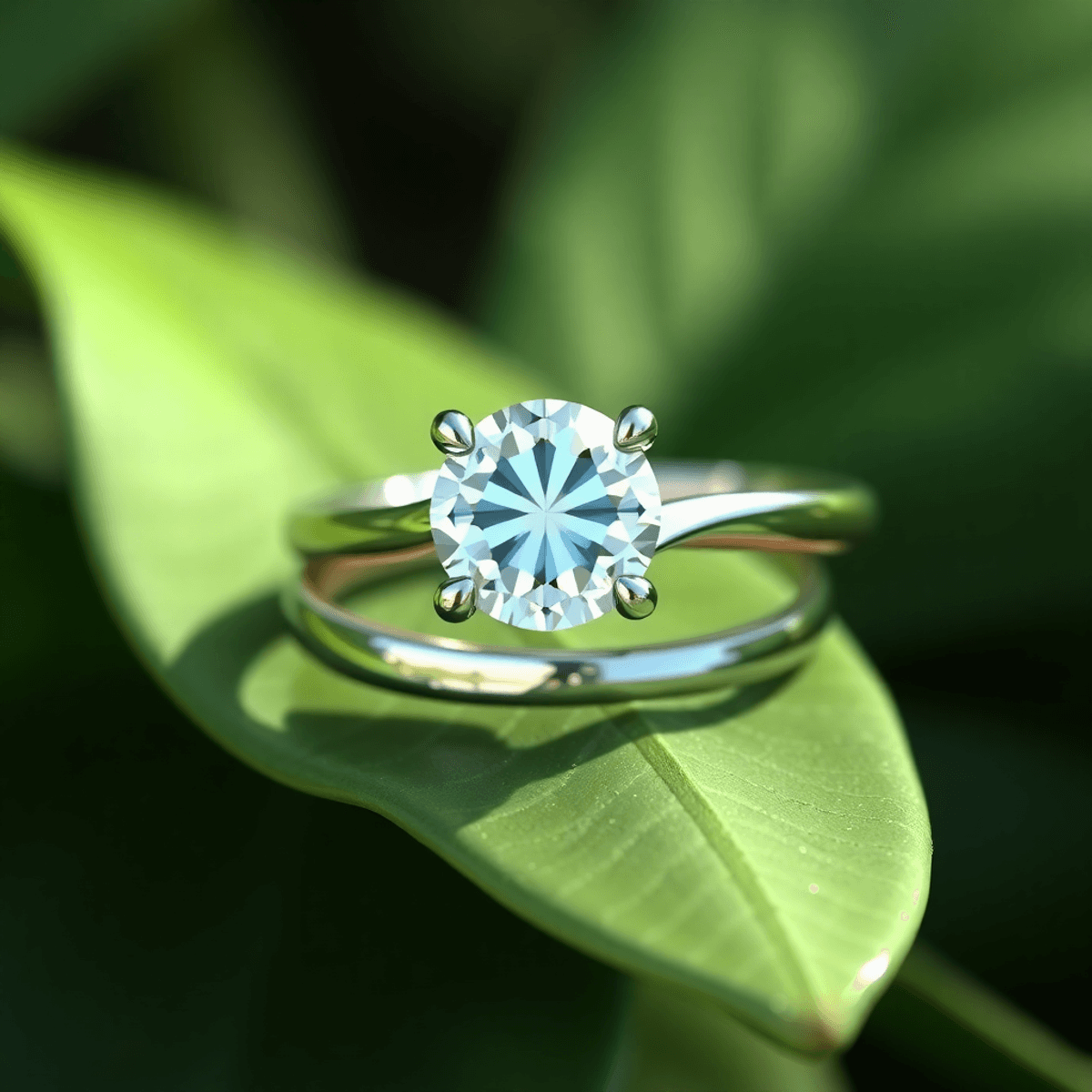 Close-up of a sparkling engagement ring with a lab-grown diamond on mixed metal band, resting on green leaves with soft natural lighting.