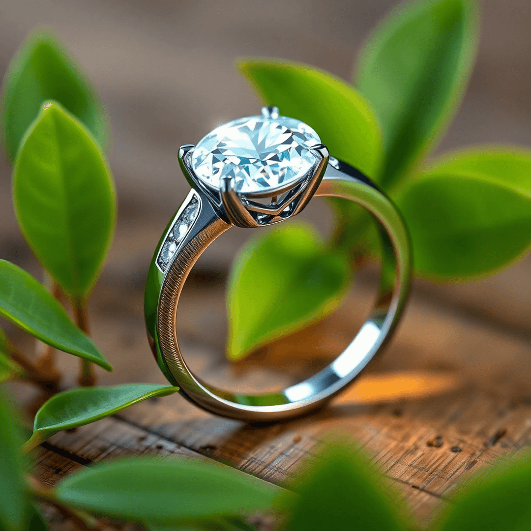 Close-up of a sparkling diamond ring with a glowing aura on wood, surrounded by soft green leaves, symbolizing elegance and eco-friendly values.