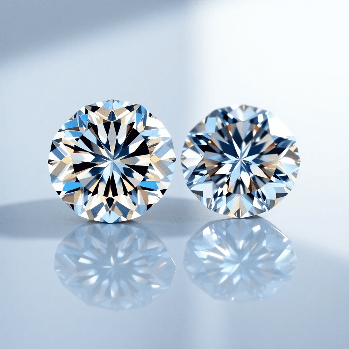 Close-up of a sparkling lab diamond and moissanite gemstone side by side on a reflective surface with soft natural lighting.