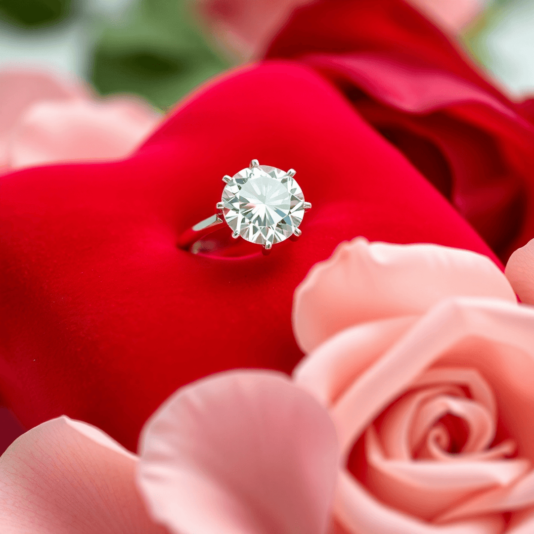 Close-up of a sparkling diamond ring on a red velvet cushion surrounded by delicate rose petals, symbolizing romance and ethical luxury.