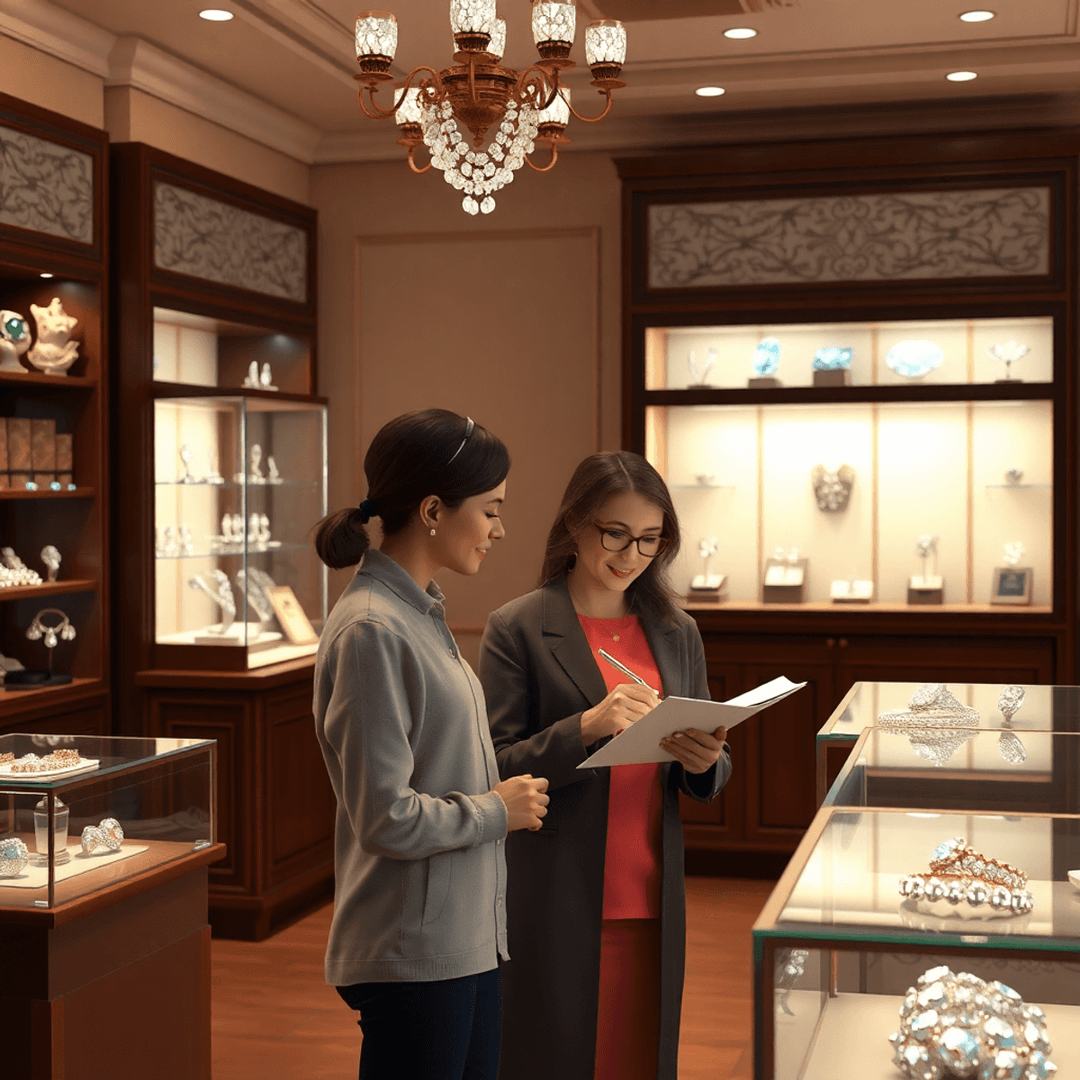 Warm jewelry showroom with elegant displays of sparkling gemstones and a jeweler sketching designs while engaging with a customer in a cozy, creative setting.