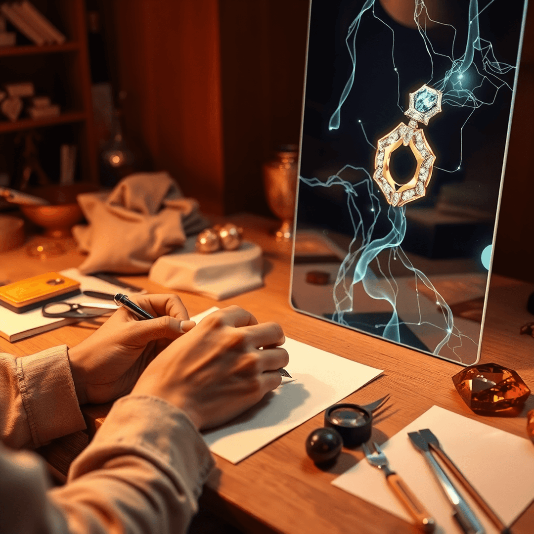 Artisan sketching jewelry design beside glowing 3D CAD display, surrounded by gold bars, colorful gemstones, and fine tools in warm, elegant studio lighting.