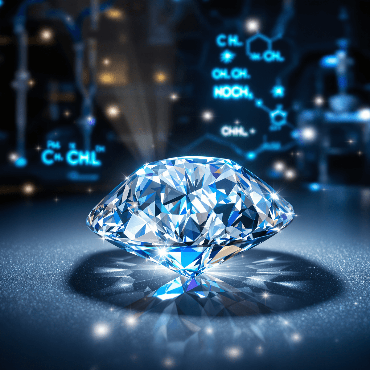 A sparkling lab-grown diamond under bright light with scientific equipment and glowing chemical symbols in the background, showcasing advanced technology.