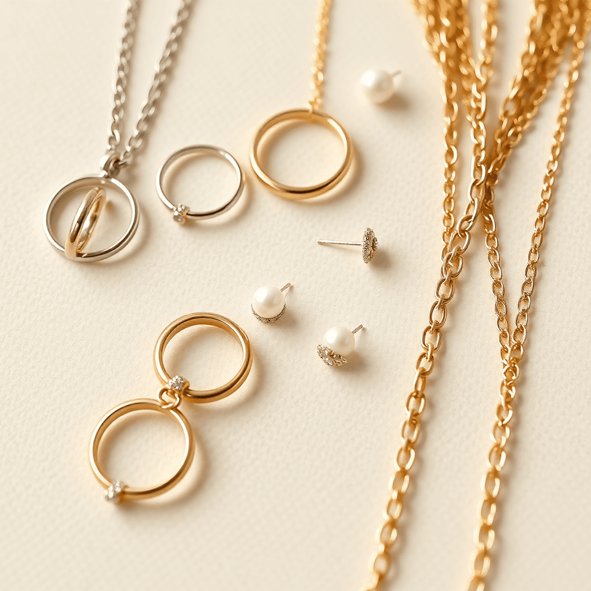Close-up of gold and platinum rings, pearl studs, and layered necklaces on a soft neutral background, showcasing elegant and versatile everyday jewelry.