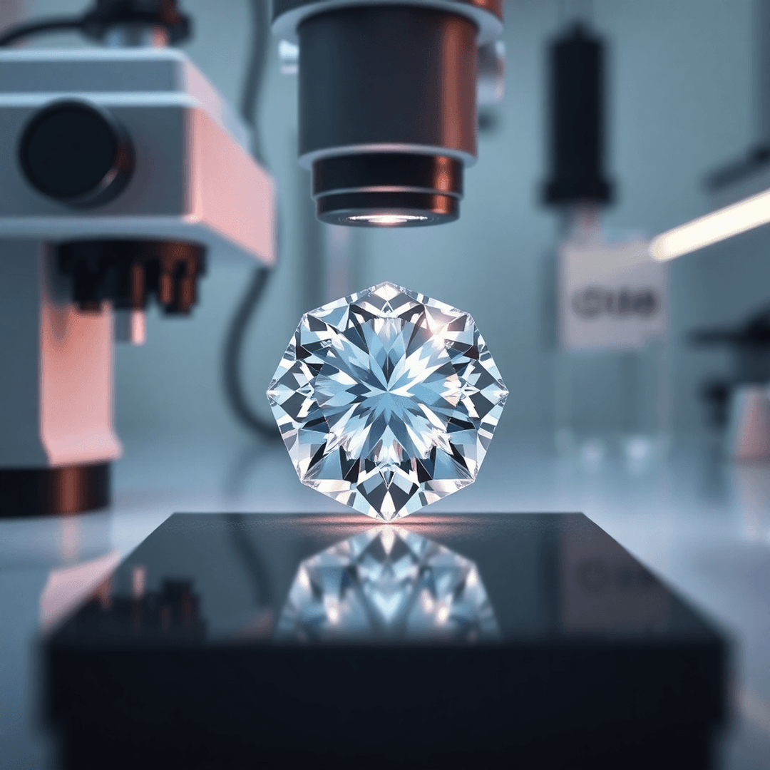 A sparkling lab-grown diamond glowing under scientific equipment in a modern laboratory, showcasing advanced technology and precision craftsmanship.
