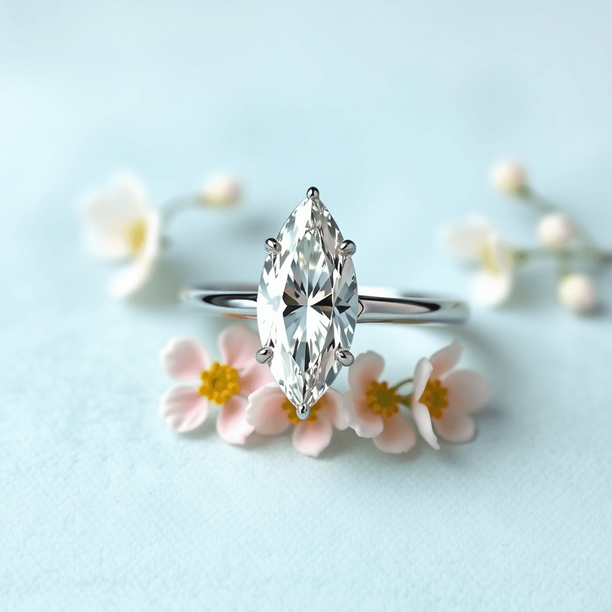 A marquise diamond engagement ring on a soft velvet background, featuring an elegant setting and floral accents that enhance its romantic and luxurious appeal.