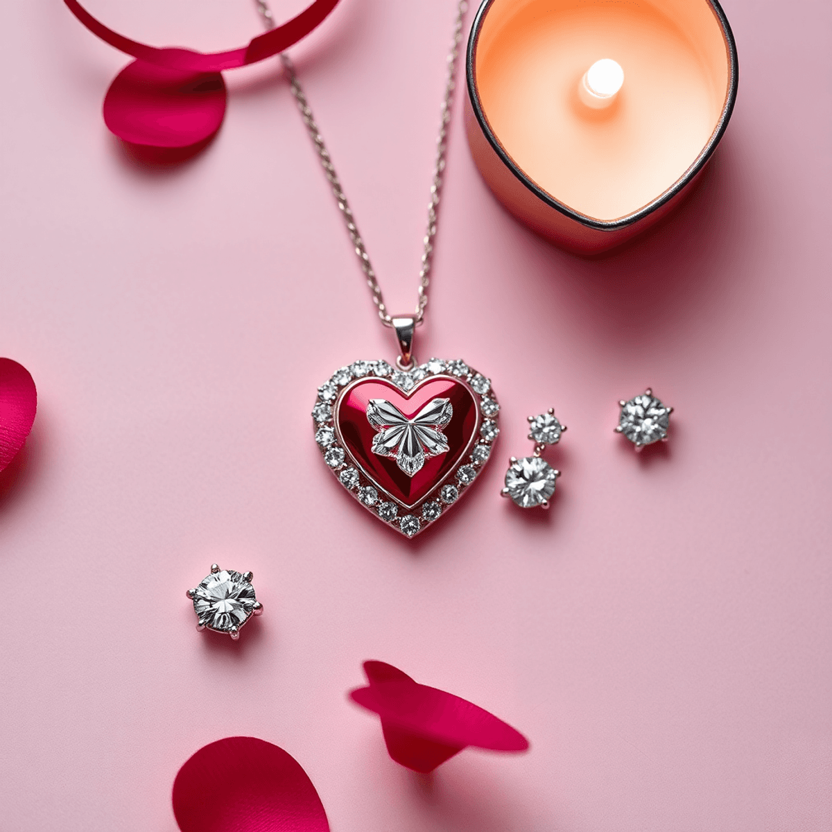 Elegant jewelry pieces including a heart-shaped pendant and sparkling diamond earrings arranged on a soft red and pink background, evoking love and celebration.