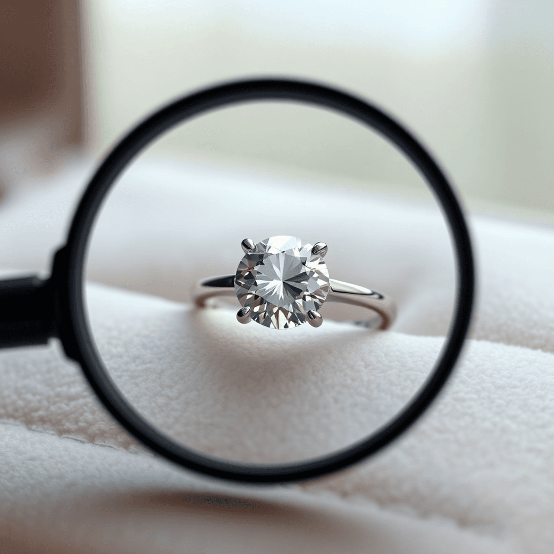 A close-up of a sparkling diamond ring on a soft velvet surface, accompanied by a magnifying glass, with a blurred background enhancing the ring's brilliance.