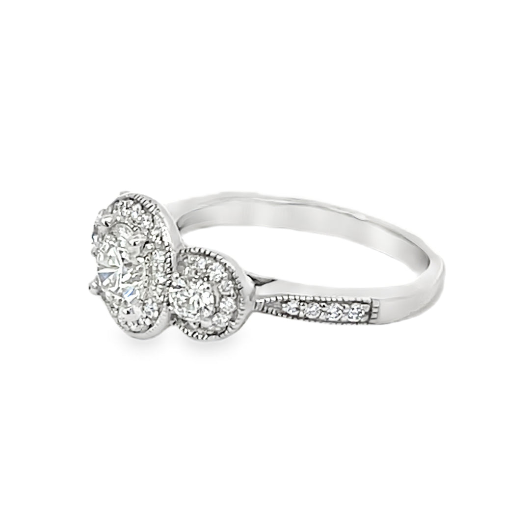 White Gold Three Stone Halo 1.50 Carats Diamond Ring