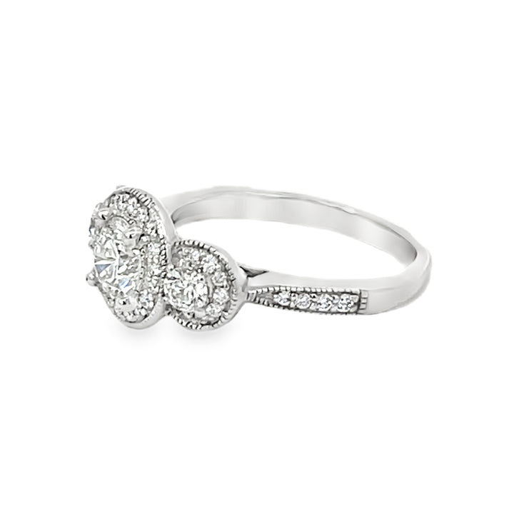 White Gold Three Stone Halo 1.50 Carats Diamond Ring