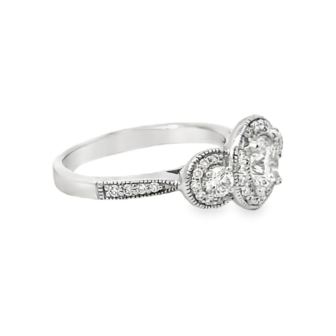 White Gold Three Stone Halo 1.50 Carats Diamond Ring