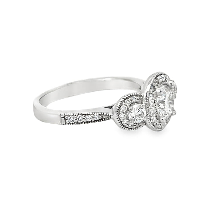 White Gold Three Stone Halo 1.50 Carats Diamond Ring