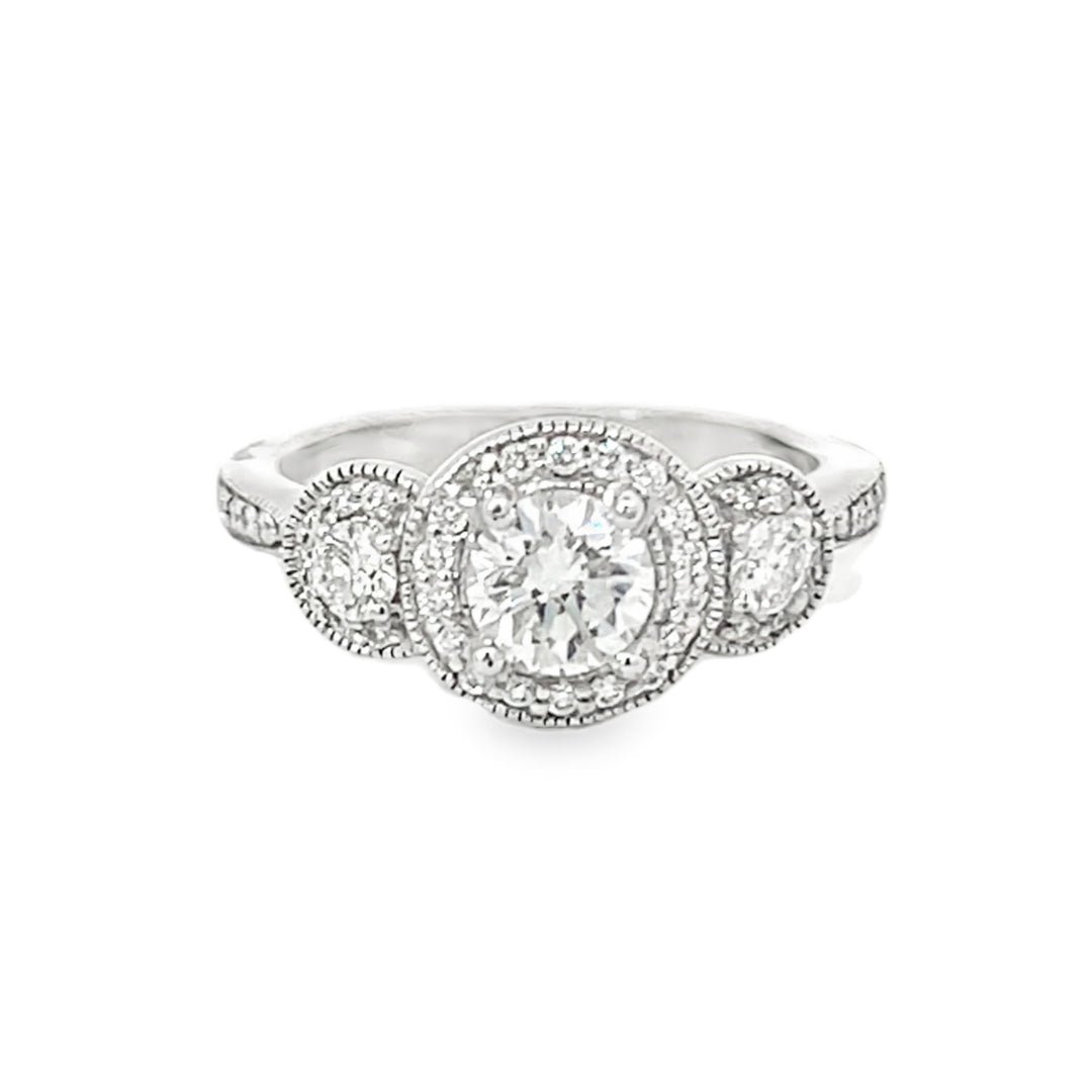 White Gold Three Stone Halo 1.50 Carats Diamond Ring