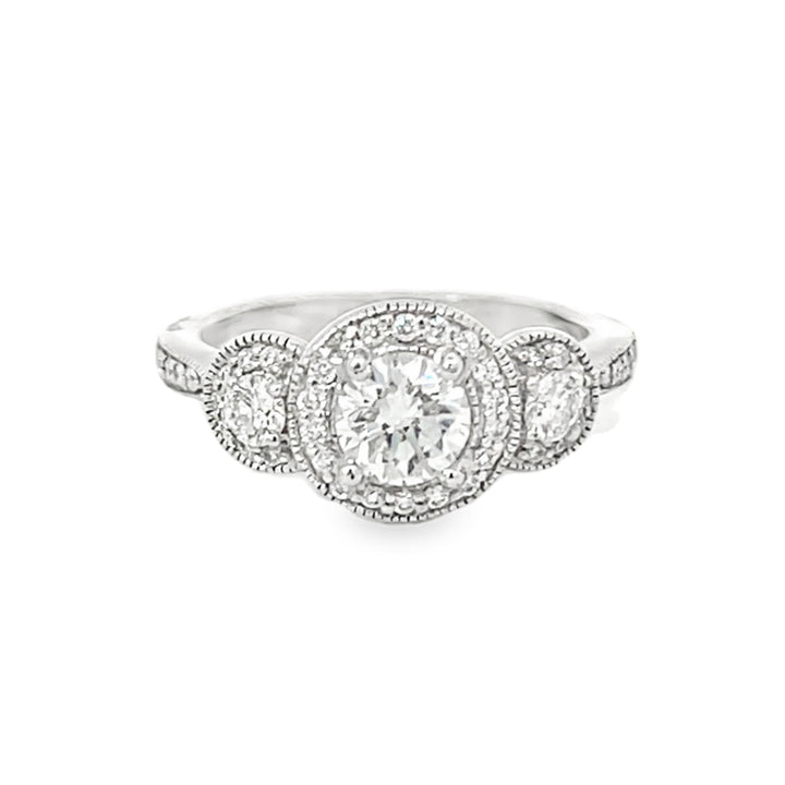 White Gold Three Stone Halo 1.50 Carats Diamond Ring