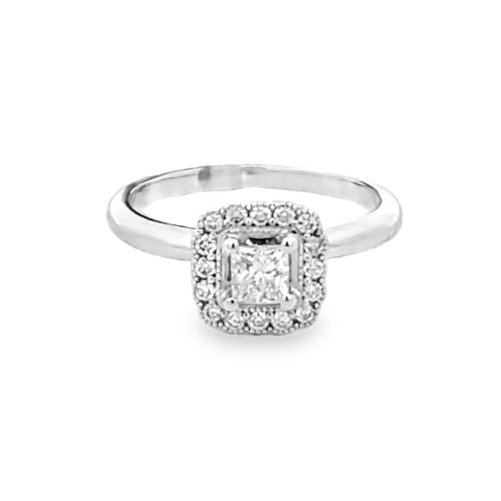 14K White Gold Princess and Round Cut Diamond Halo Engagement Ring 0.50ctw