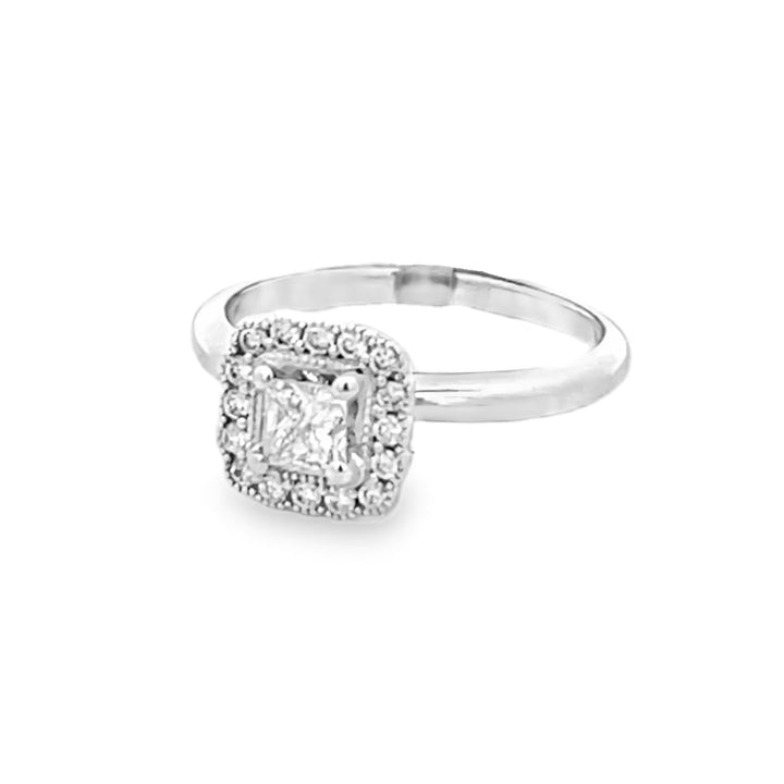 14K White Gold Princess and Round Cut Diamond Halo Engagement Ring 0.50ctw