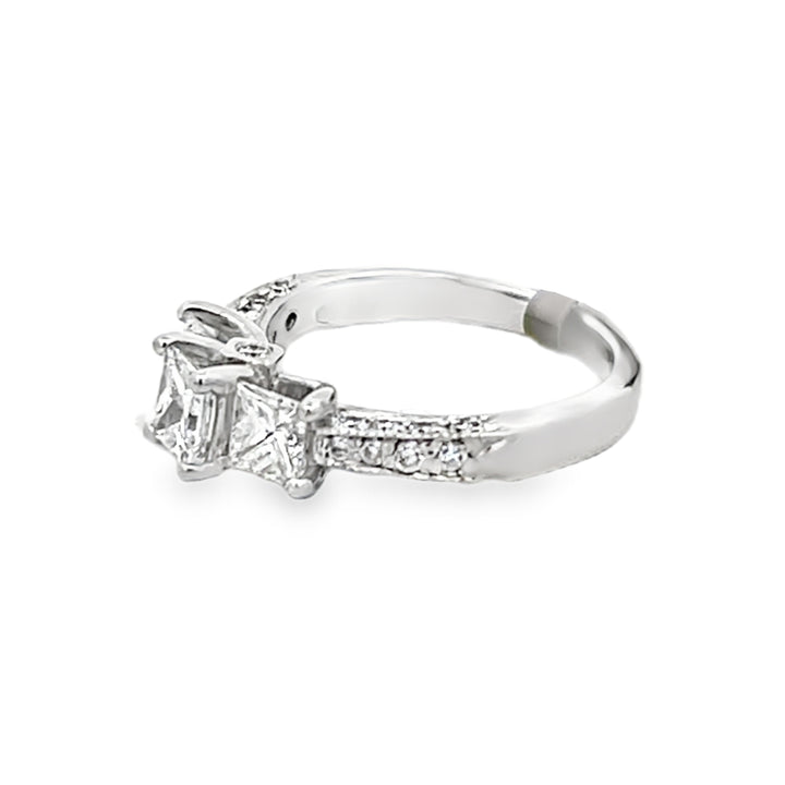 14K White Gold Princess and Round Cut Diamond Three-Stone Engagement Ring 1.19ctw