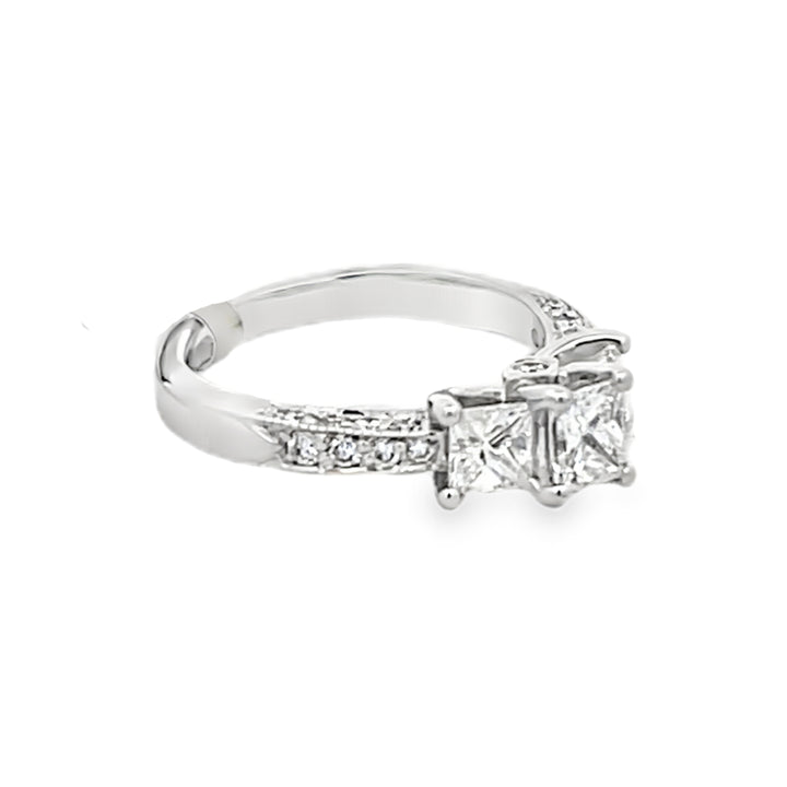 14K White Gold Princess and Round Cut Diamond Three-Stone Engagement Ring 1.19ctw