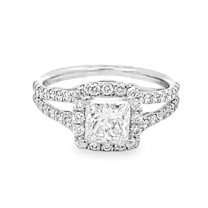 14K White Gold Halo Princess and Round Cut Diamond Engagement Ring 1.47ctw