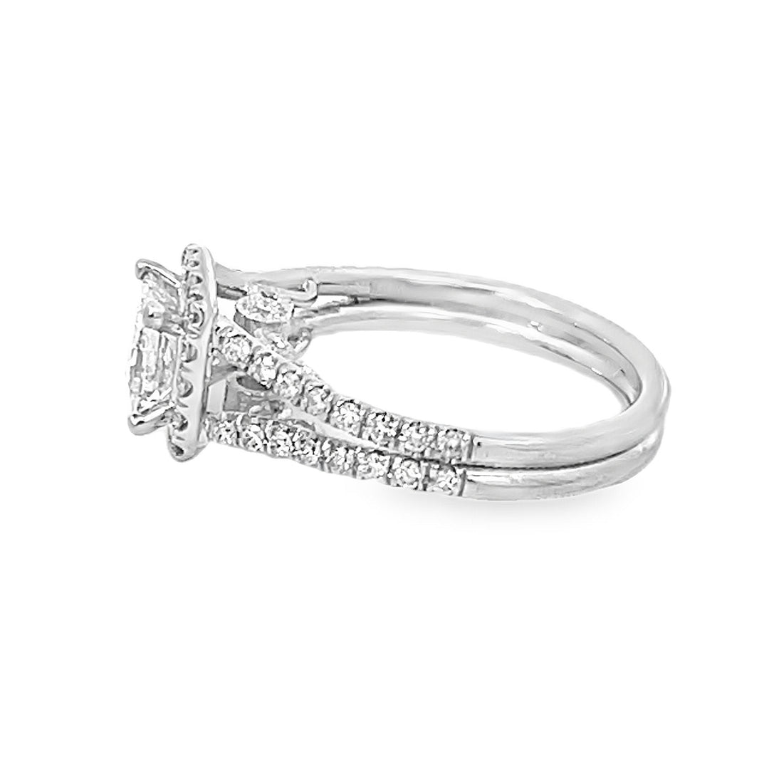 14K White Gold Halo Princess and Round Cut Diamond Engagement Ring 1.47ctw