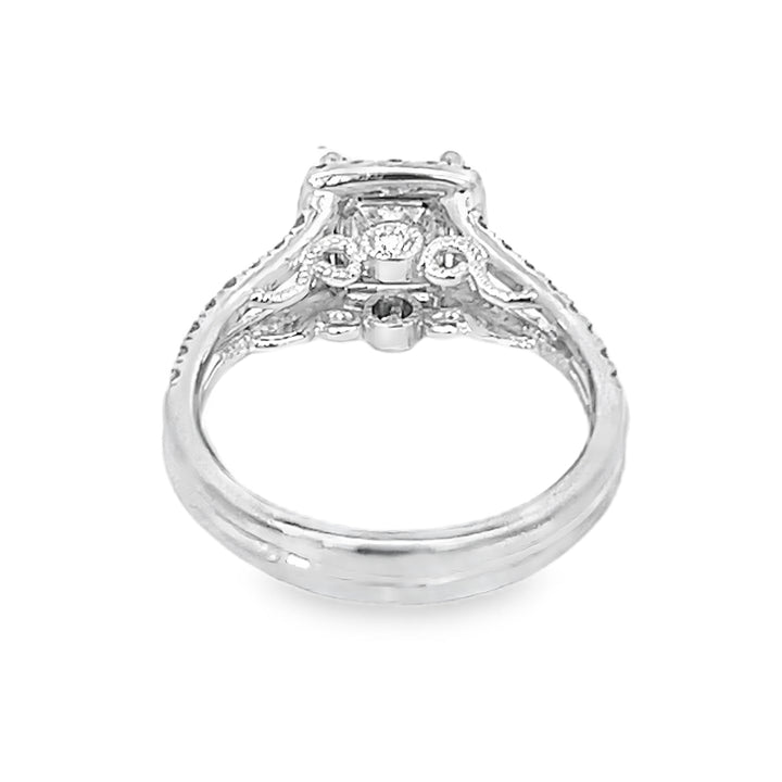 14K White Gold Halo Princess and Round Cut Diamond Engagement Ring 1.47ctw