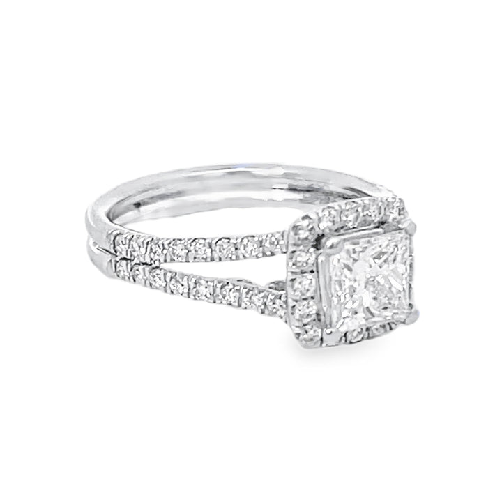 14K White Gold Halo Princess and Round Cut Diamond Engagement Ring 1.47ctw