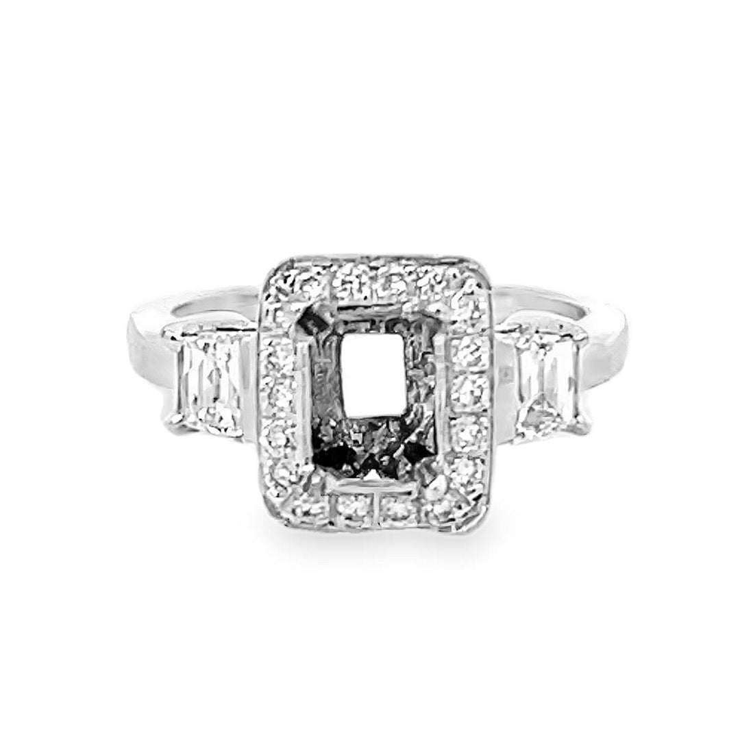 18K White Gold Three-Stone Diamond Halo Semi Mounting