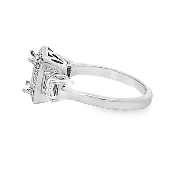 18K White Gold Three-Stone Diamond Halo Semi Mounting