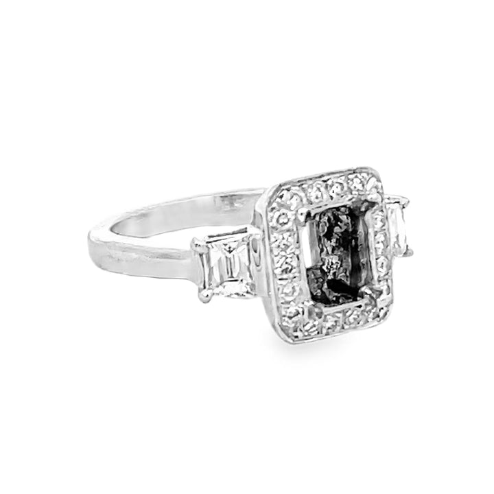 18K White Gold Three-Stone Diamond Halo Semi Mounting