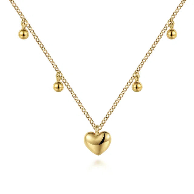 Bujukan Station Necklace with Heart Drop in 14K Yellow Gold