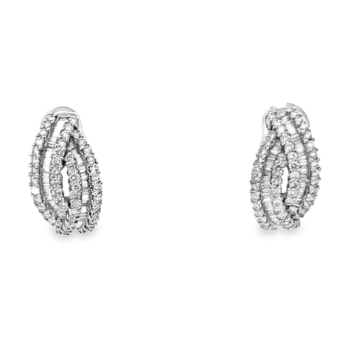 18K White Gold Baguette and Round Cut Diamond Huggie Earrings 3.08ctw