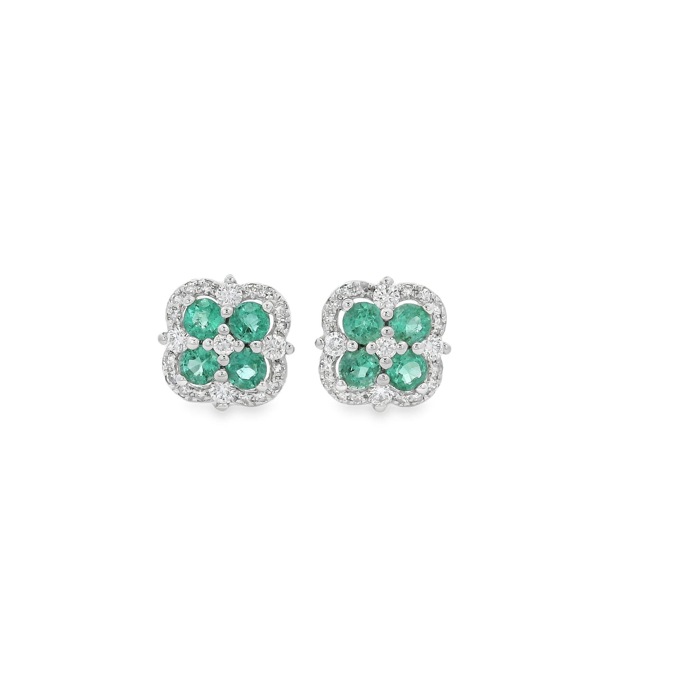 White Gold .66ctw Clover Diamond and Emerald Earrings