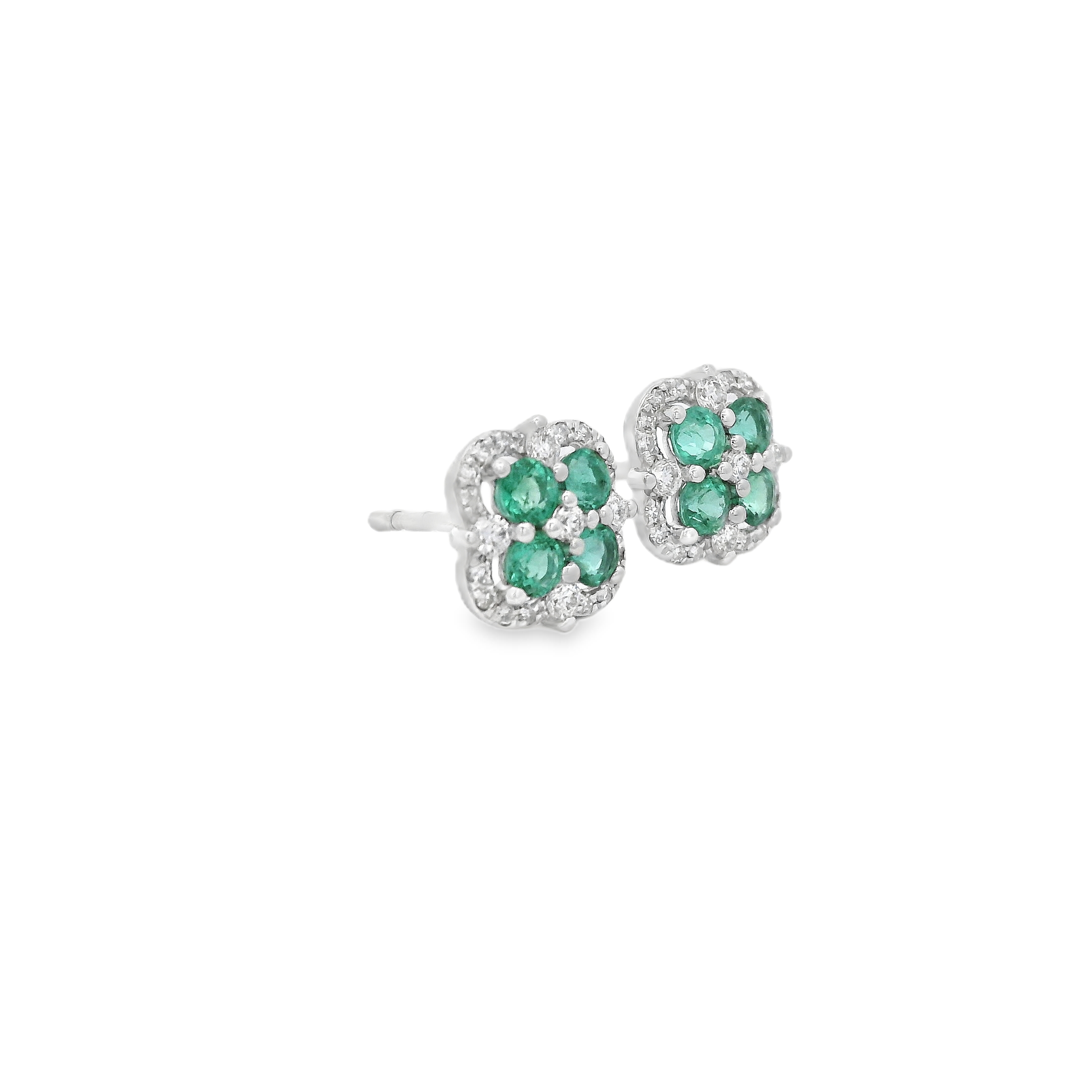 White Gold .66ctw Clover Diamond and Emerald Earrings