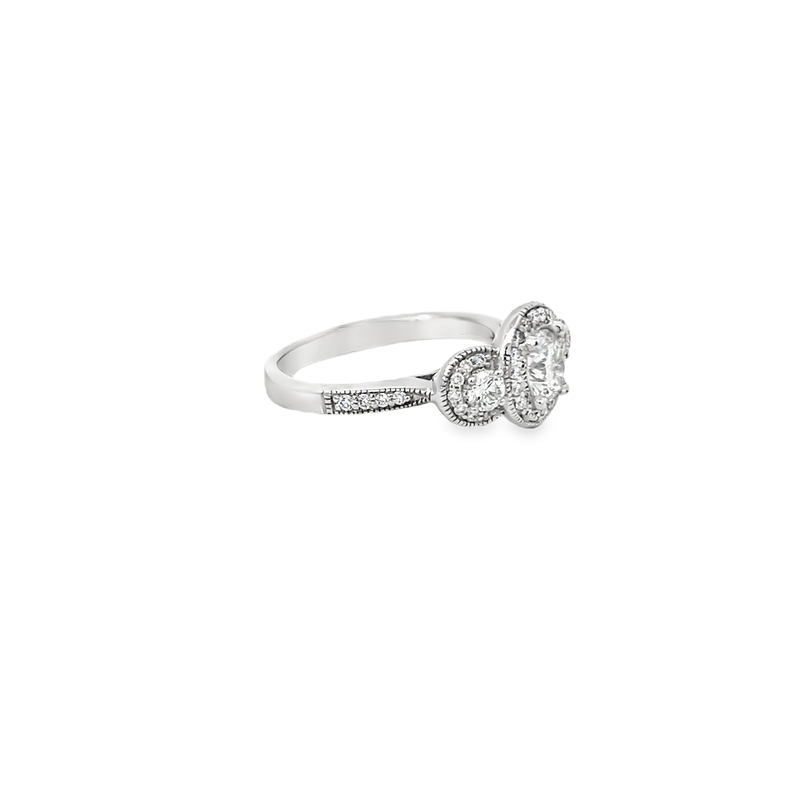 White Gold Three Stone Halo 1.50 Carats Diamond Ring