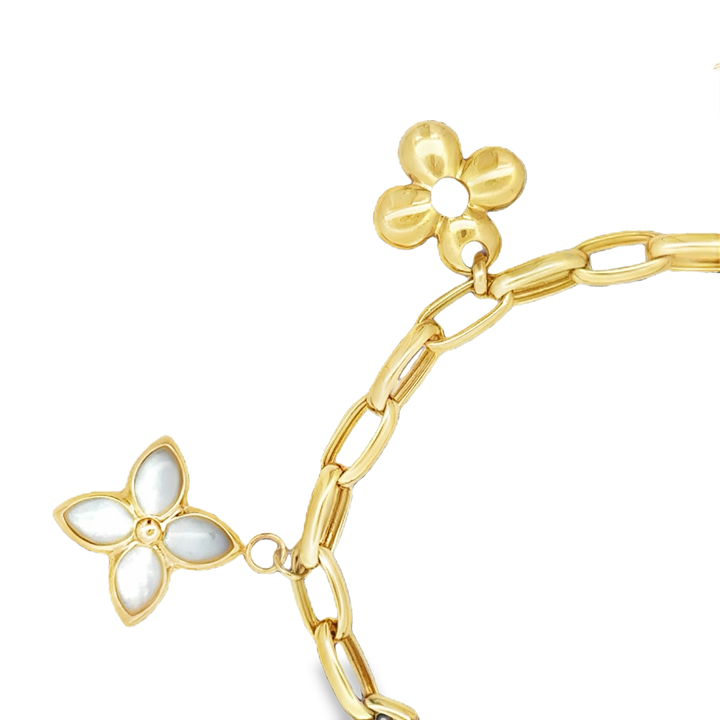 Yellow Gold Floral Pearl Charm Bracelet