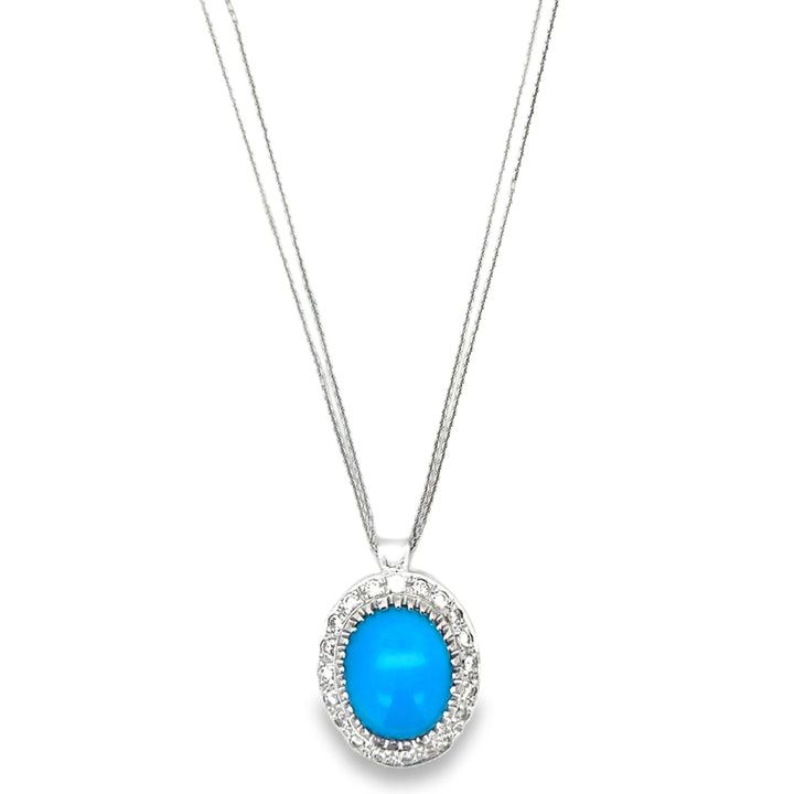 14K White Gold Turquoise and Round Cut Diamond Pendant