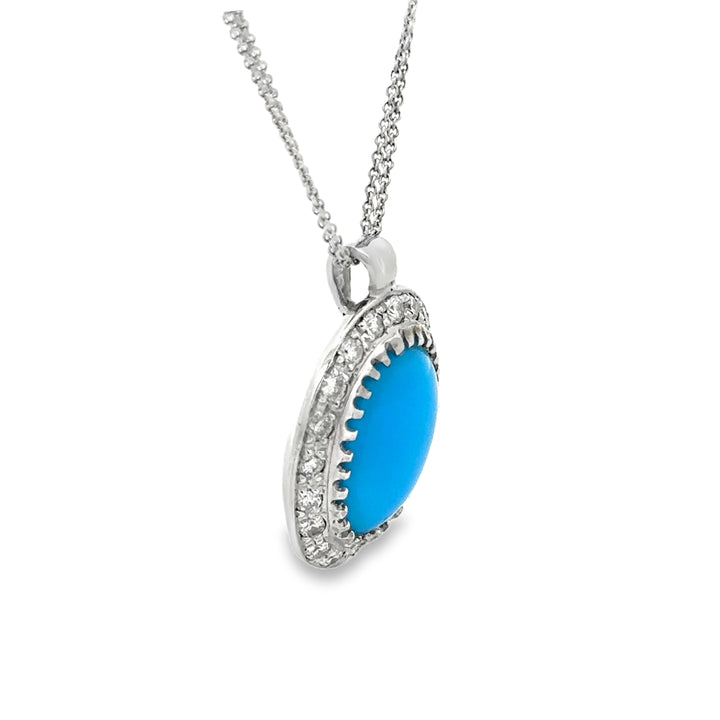 14K White Gold Turquoise and Round Cut Diamond Pendant