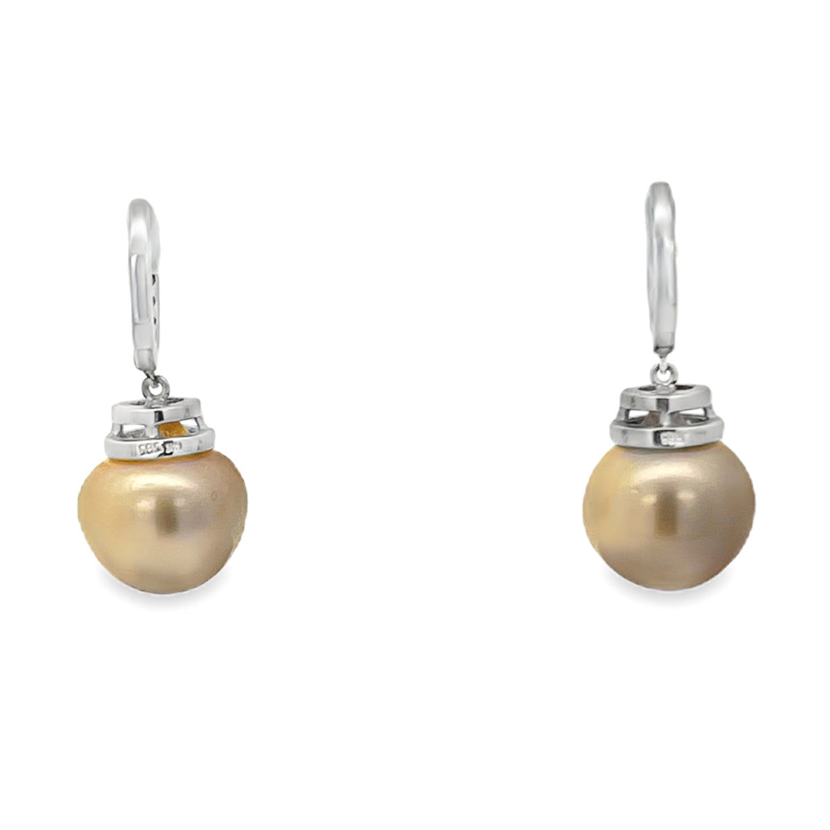 14K White Gold Round Cut Diamond and Yellow Pearl Dangle Earrings 0.33ctw