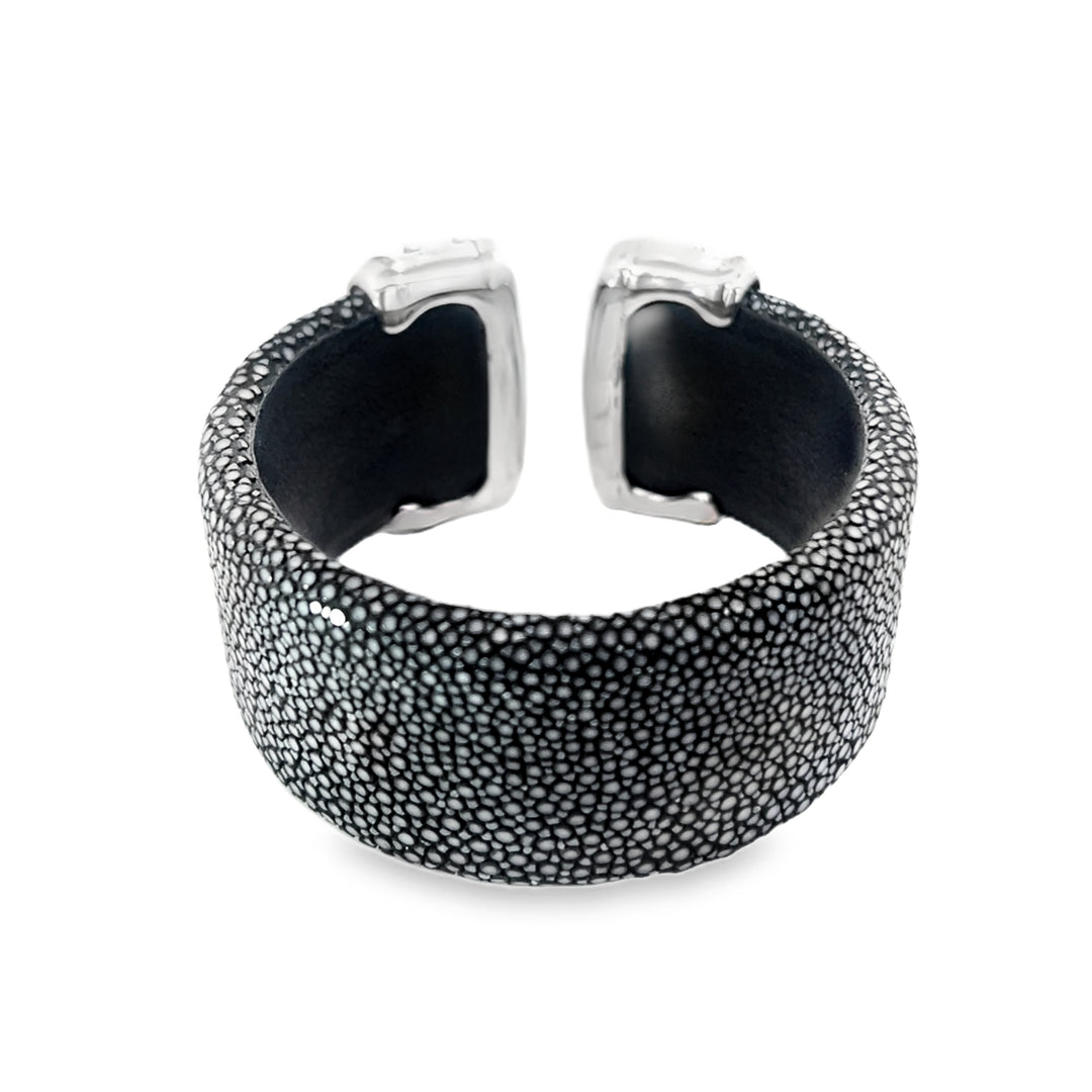 Black Leather Silver Bracelet with Pearls