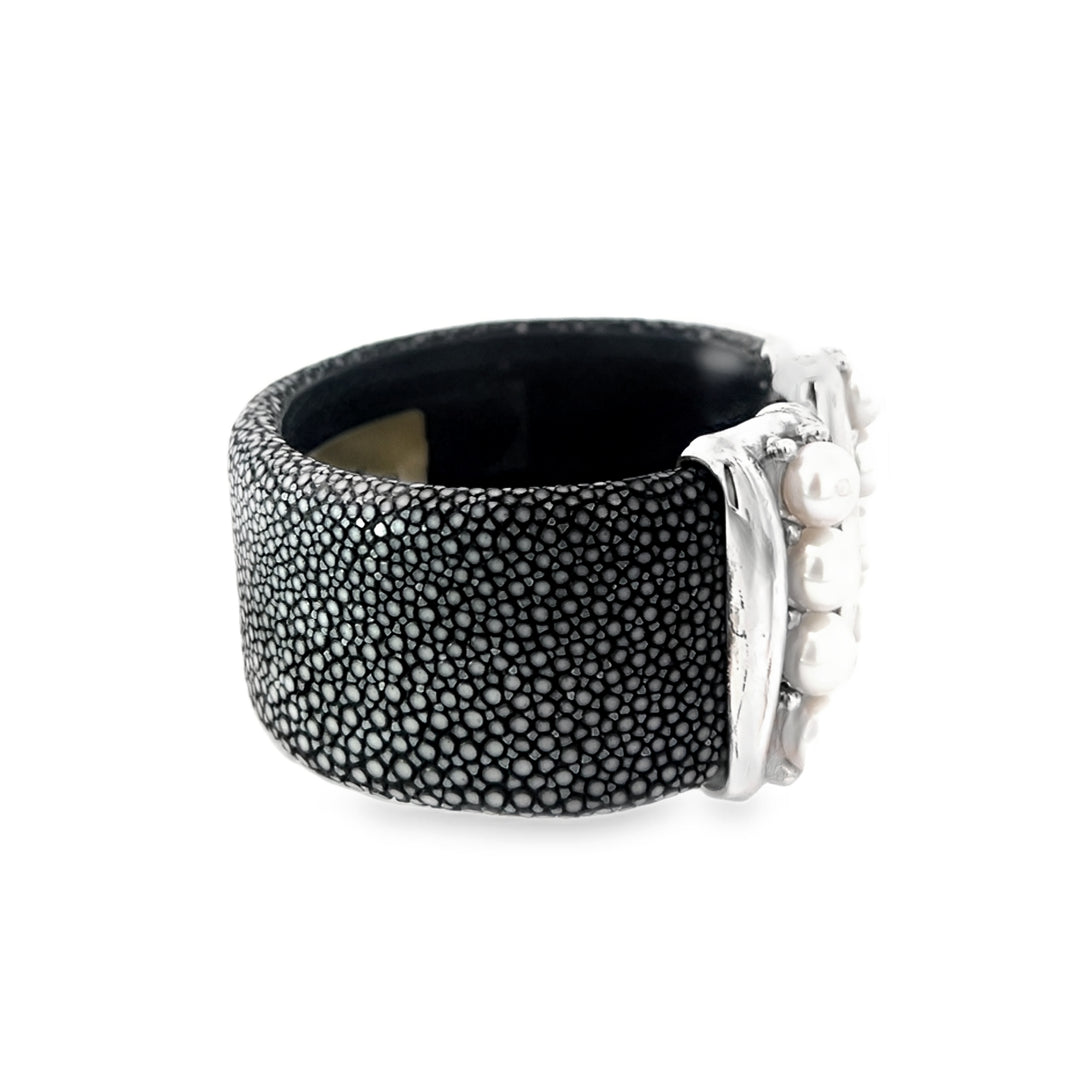 Black Leather Silver Bracelet with Pearls