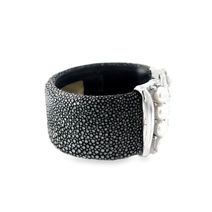 Black Leather Silver Bracelet with Pearls