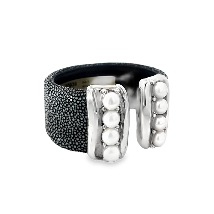 Black Leather Silver Bracelet with Pearls