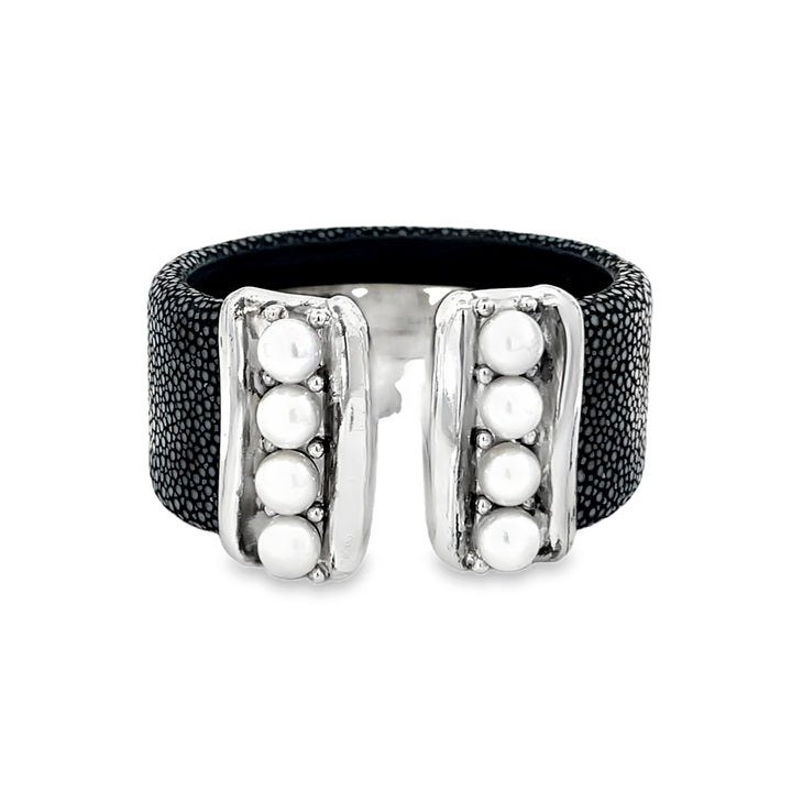 Black Leather Silver Bracelet with Pearls