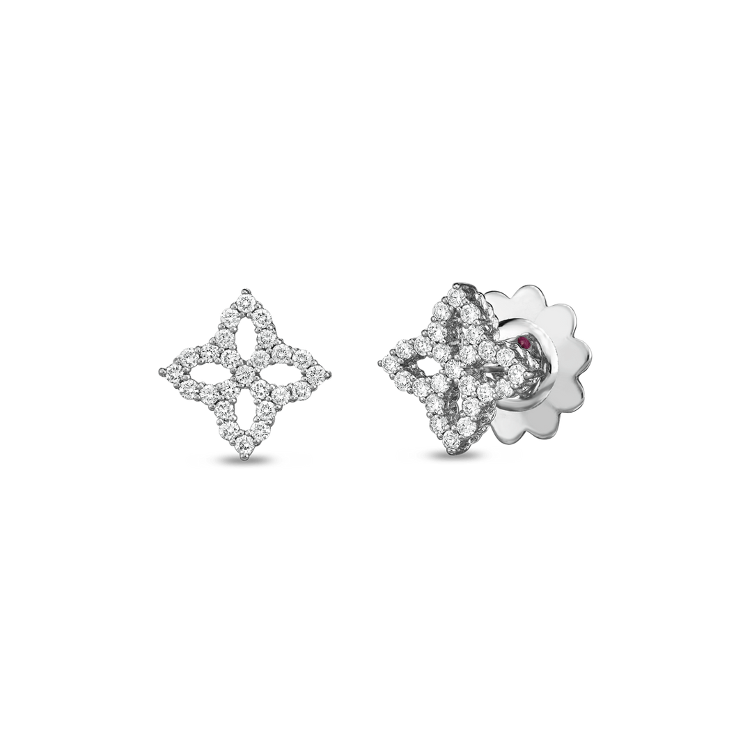 18K White Gold Round Cut Diamond Princess Flower Stud Earrings 0.32ctw