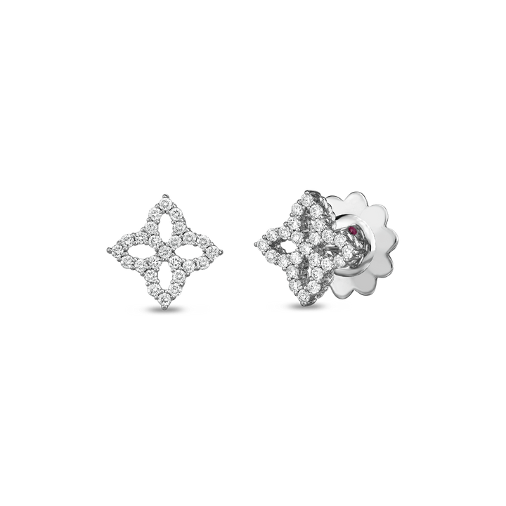 18K White Gold Round Cut Diamond Princess Flower Stud Earrings 0.32ctw